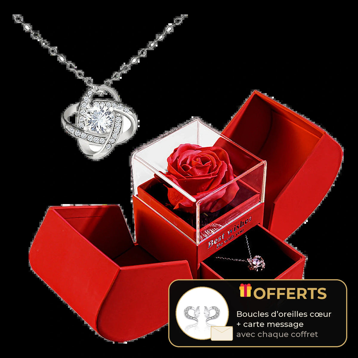 Coffret rose éternelle avec collier nœud d'amour scintillant, cadeau pour femme