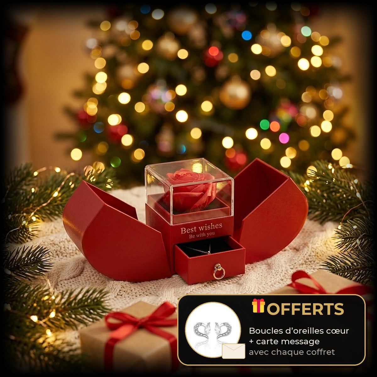 Coffret rose éternelle sous le sapin de Noël, idée cadeau de Noël pour femme