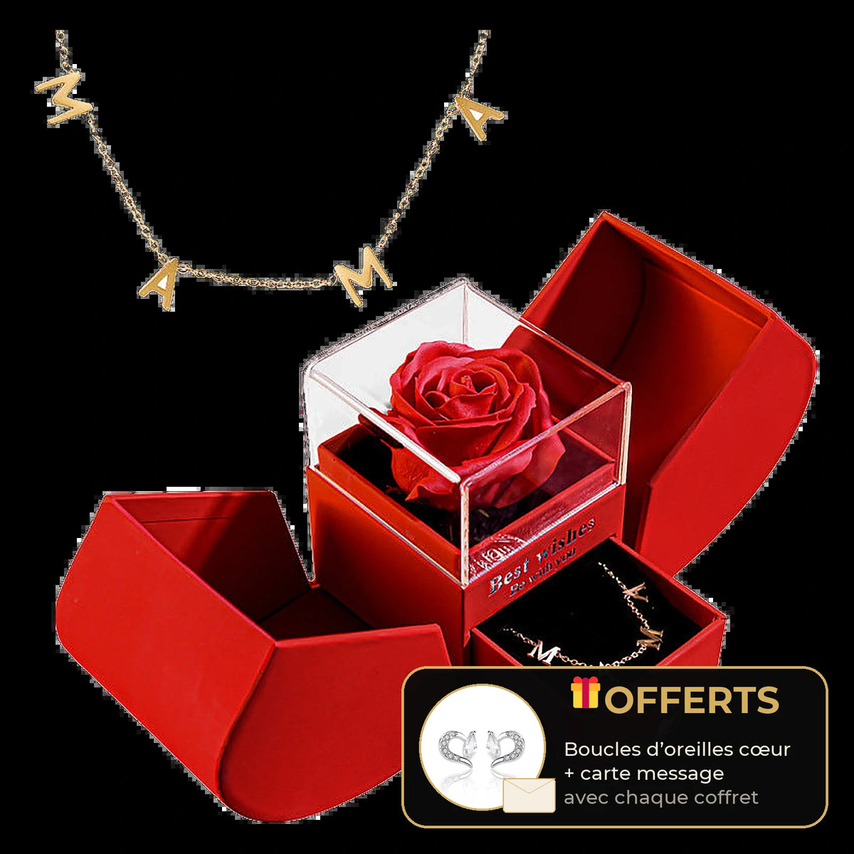 Coffret rose éternelle avec collier MAMA doré, cadeau pour maman