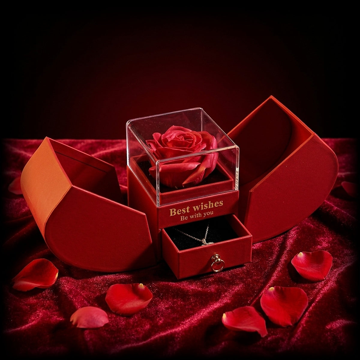Coffret rose éternelle et collier ouvert sur velours rouge, cadeau femme