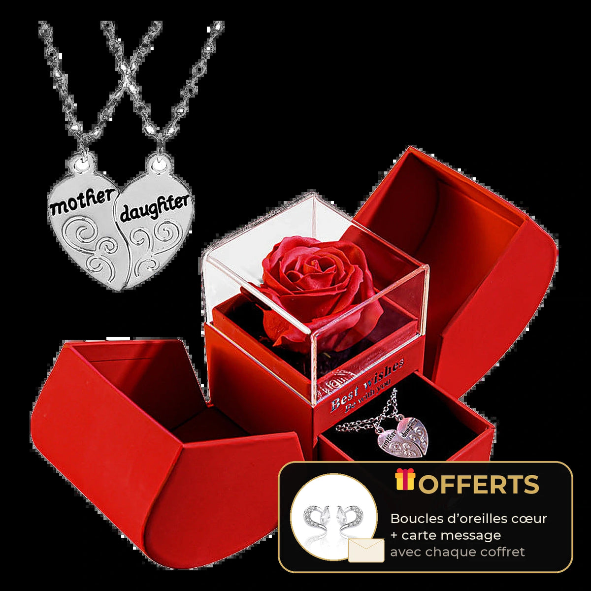 Coffret rose éternelle avec colliers cœur mère-fille, cadeau maman et fille