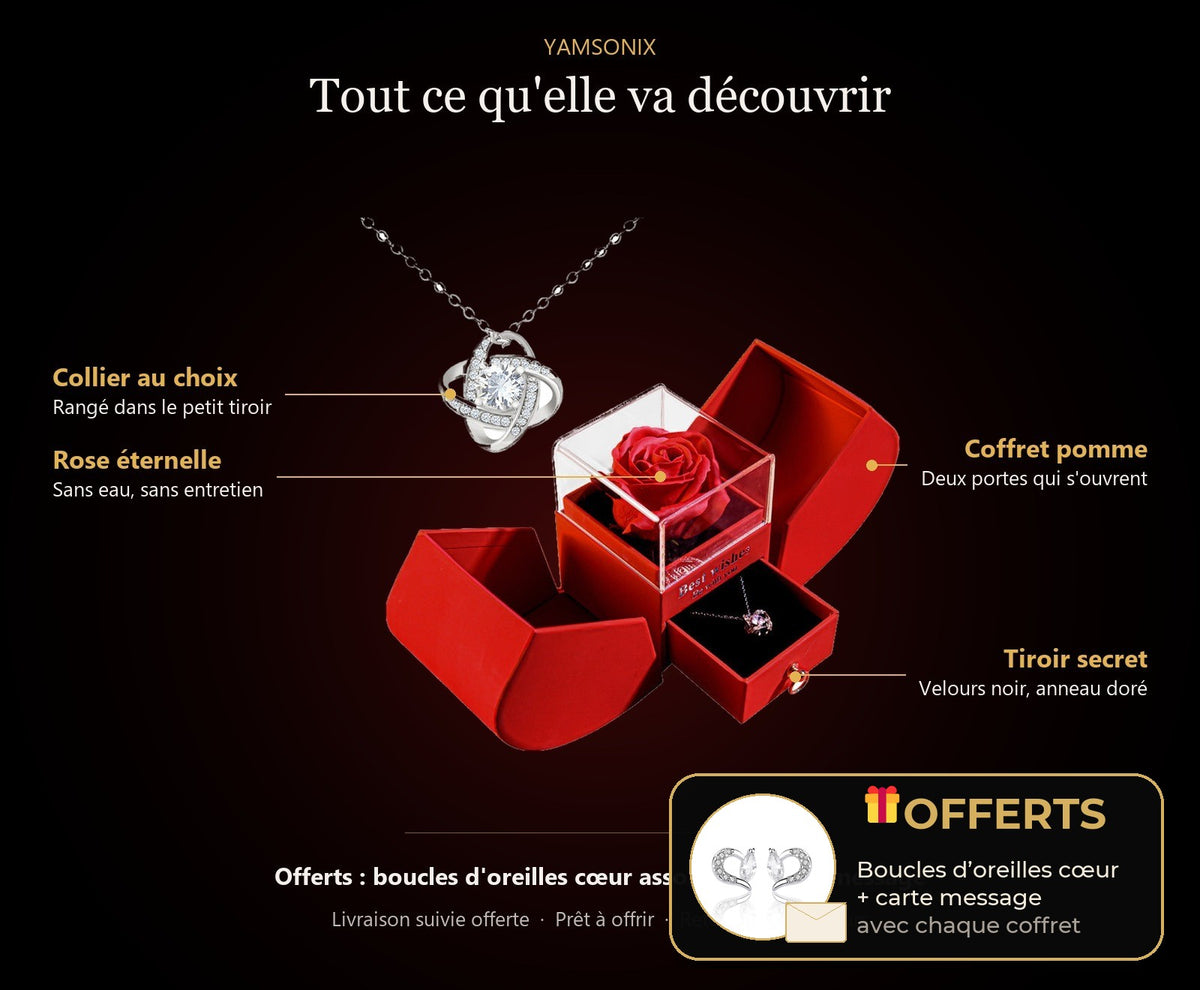 Contenu du coffret rose éternelle : collier, rose sous cloche, coffret pomme et tiroir