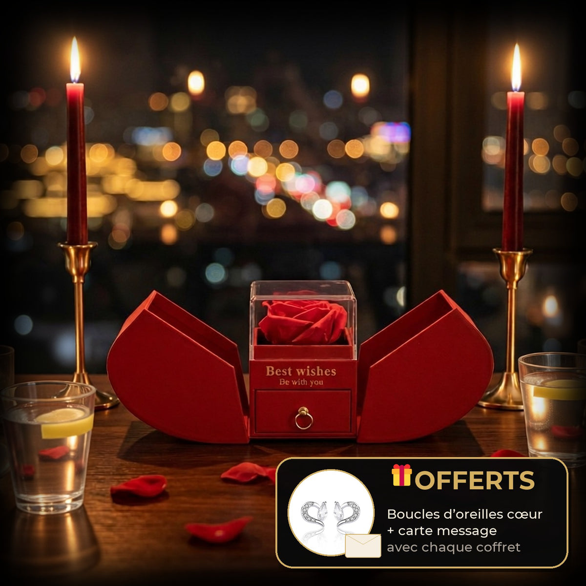 Coffret rose éternelle pour un dîner de Saint-Valentin aux chandelles