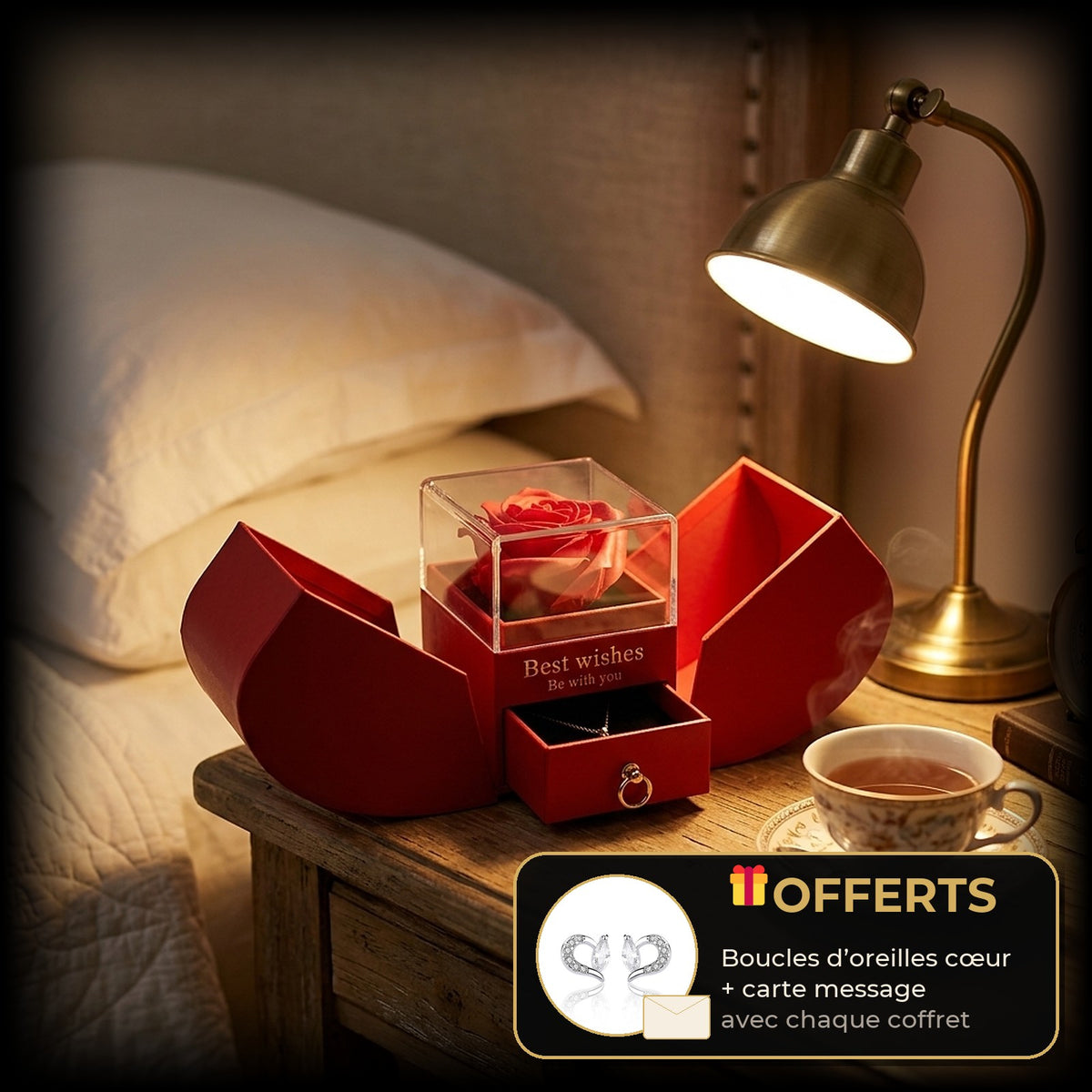 Coffret rose éternelle posé sur une table de chevet, décoration chambre