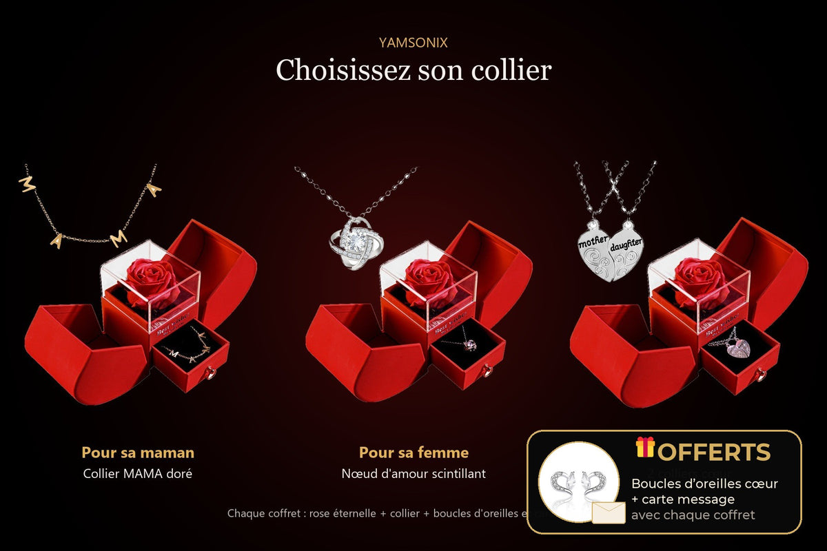 Trois colliers au choix : MAMA doré, nœud d'amour, cœur mère-fille, avec coffret rose éternelle