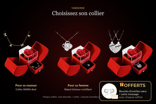 Trois colliers au choix : MAMA doré, nœud d'amour, cœur mère-fille, avec coffret rose éternelle