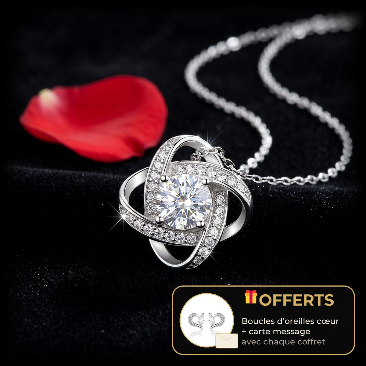 Collier nœud d'amour en cristal, gros plan sur velours noir